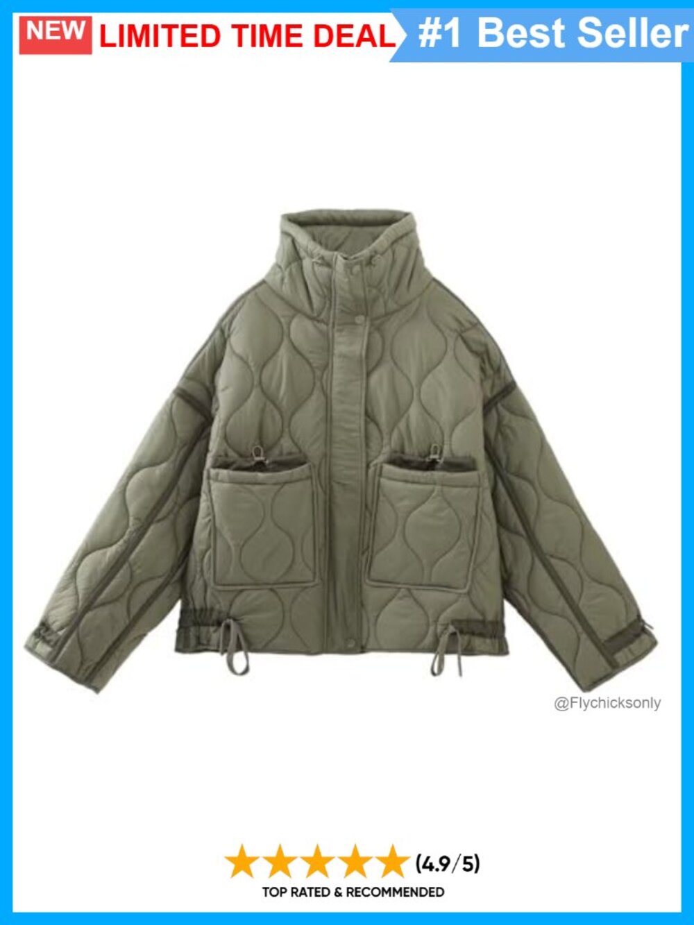 Quilted Puffer Jacket Stand Collar Zip Up Padded Down Jacket with Pocket